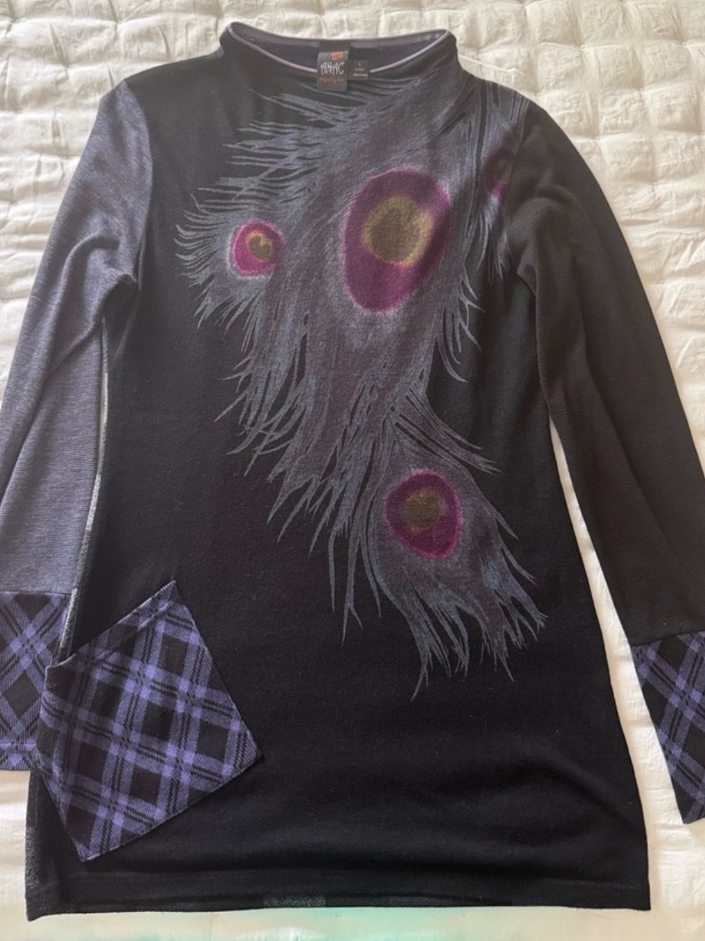 ANAC Designed by Kimi Peacock Feather Plaid Mock Neck Tunic Top Black Large